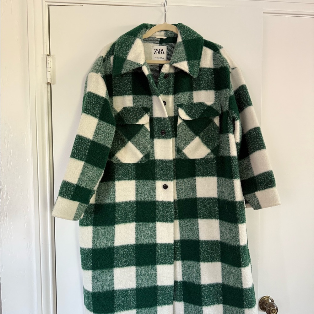 Zara Forest Green and Cream Plaid Teddy Jacket